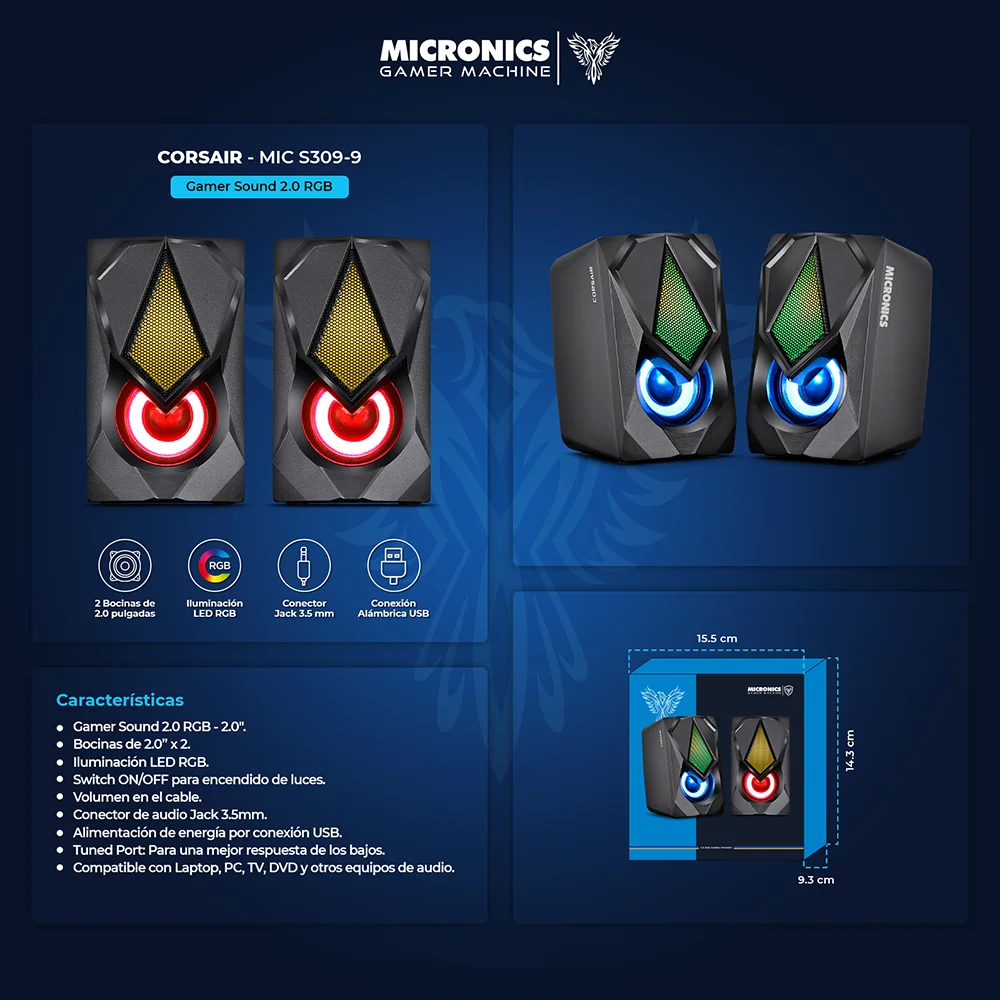 Parlantes Multimedia 2.0 Micronics Corsair Black RGB 2" MIC S309-9