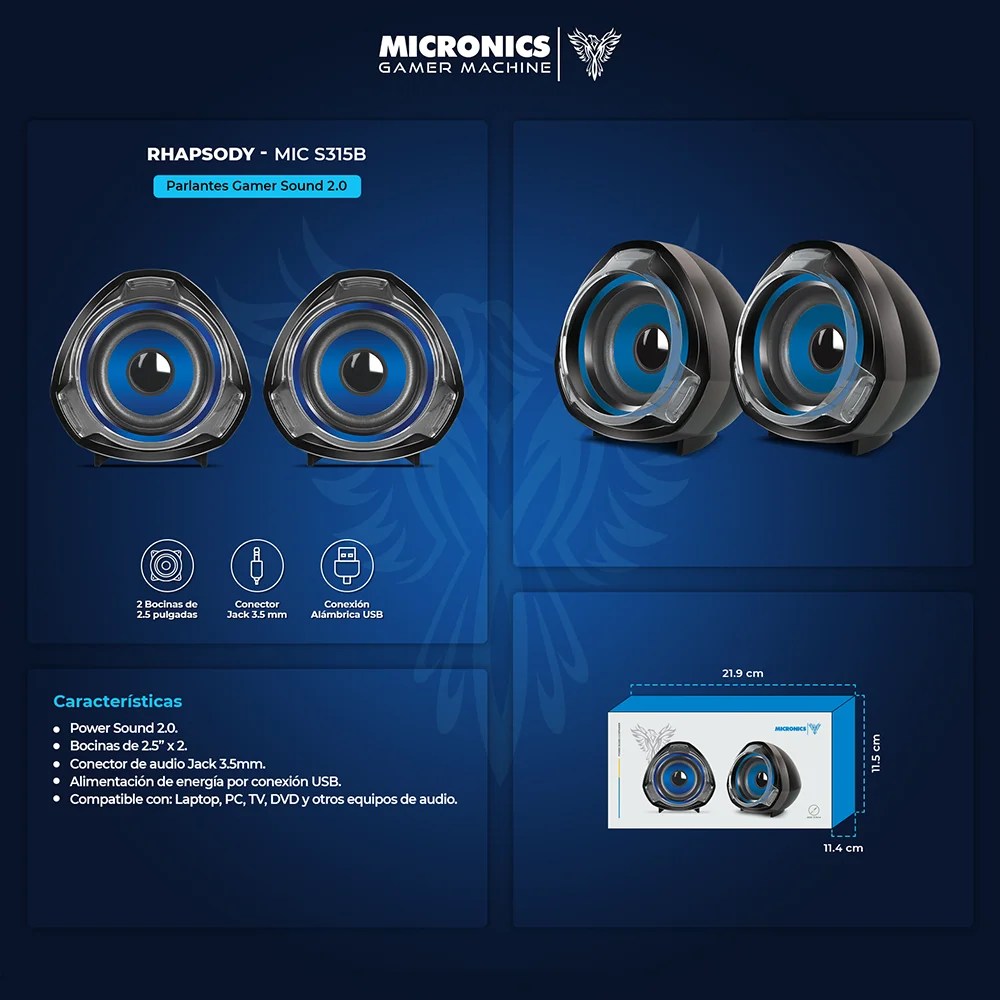 Parlantes Multimedia 2.0 Micronics Rhapsody Blu USB 2.5" :12W MIC S315b de RMS:12W