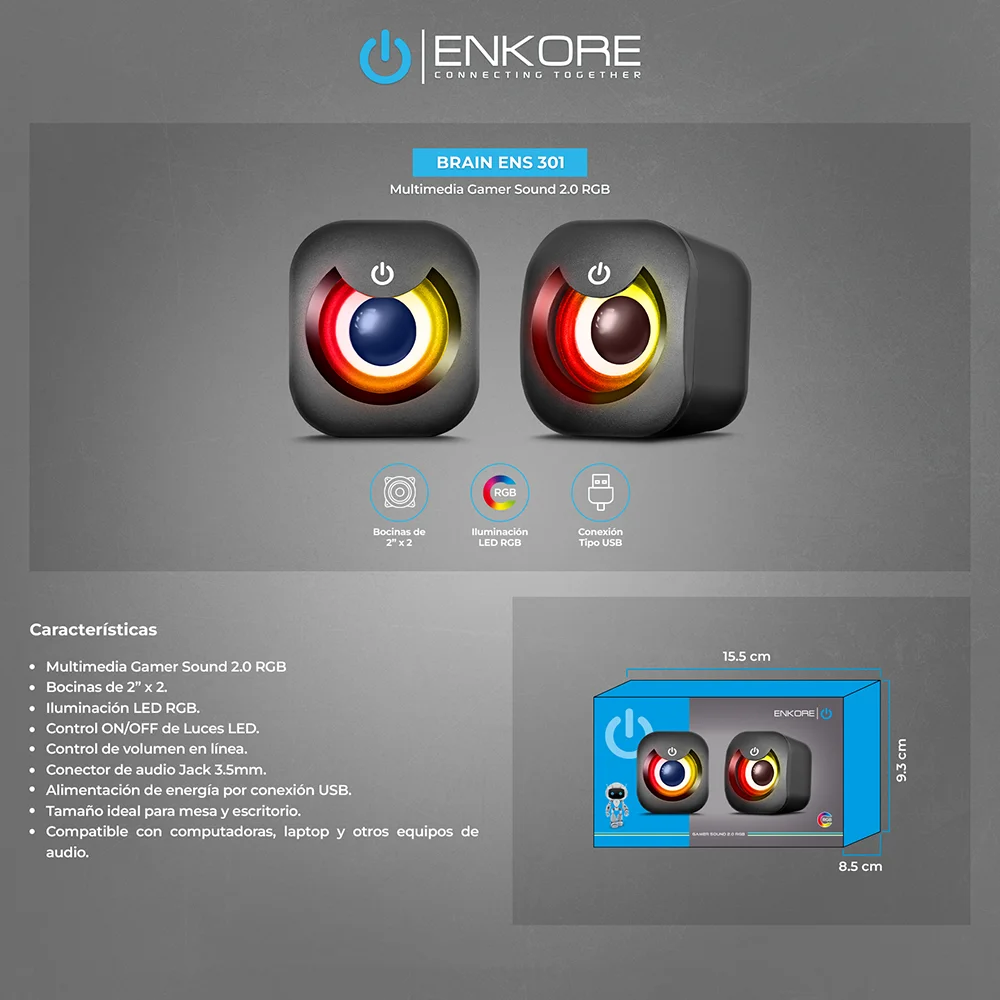 Parlantes Multimedia 2.0 Enkore Brain RGB 2" ENS301