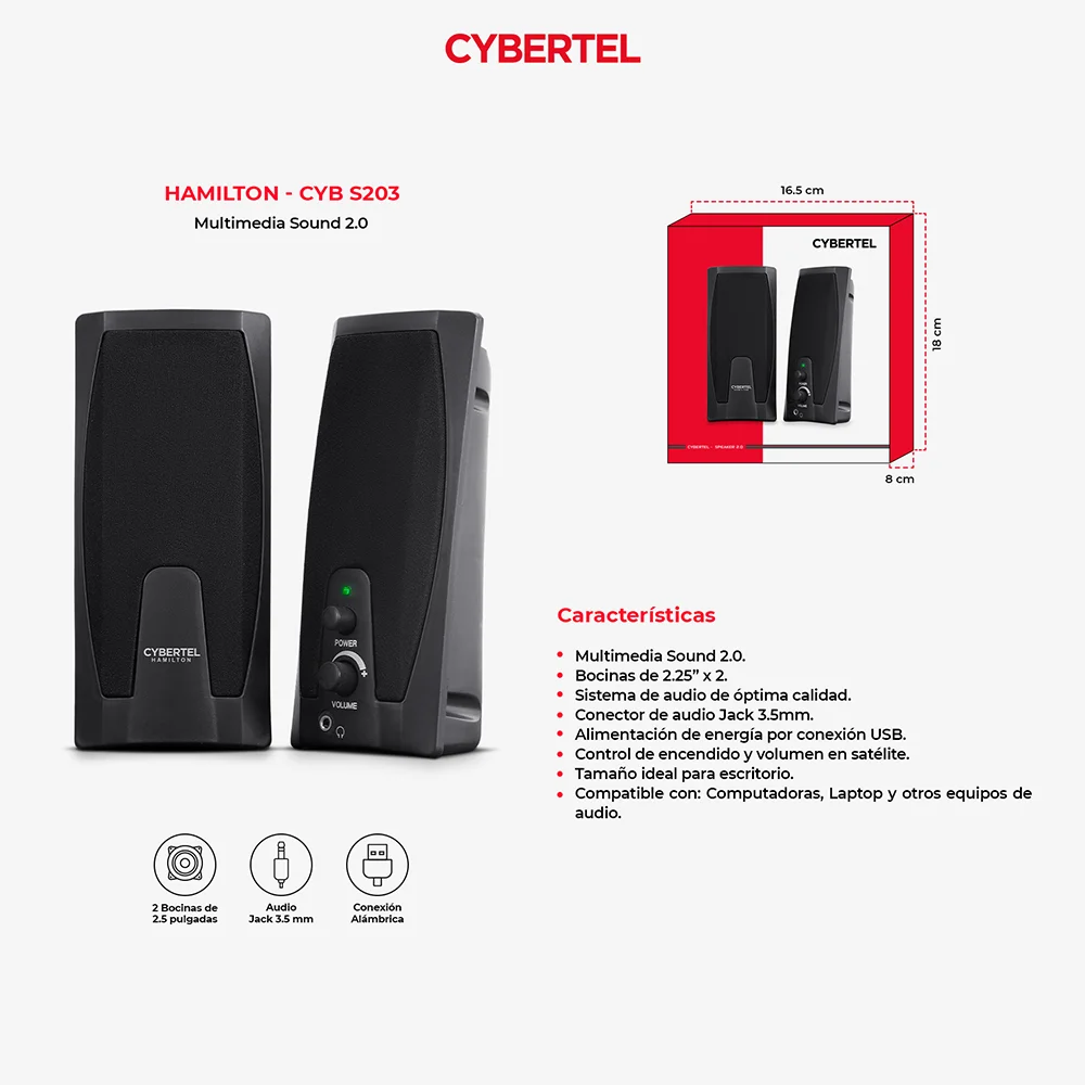 Parlantes Multimedia 2.0 Cybertel Hamilton 2" CYB S203 de RMS:6W
