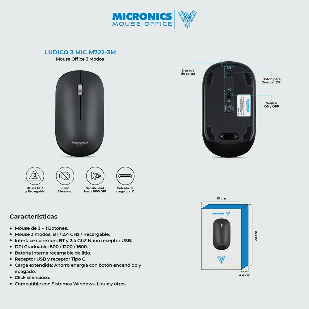 Mouse Inalámbrico Bluetooth Micronics Ludico M722K Negro: Recargable USB-C
