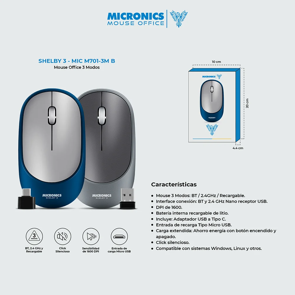 Mouse Inalámbrico Bluetooth Micronics Shelby M701 Gris: Recargable