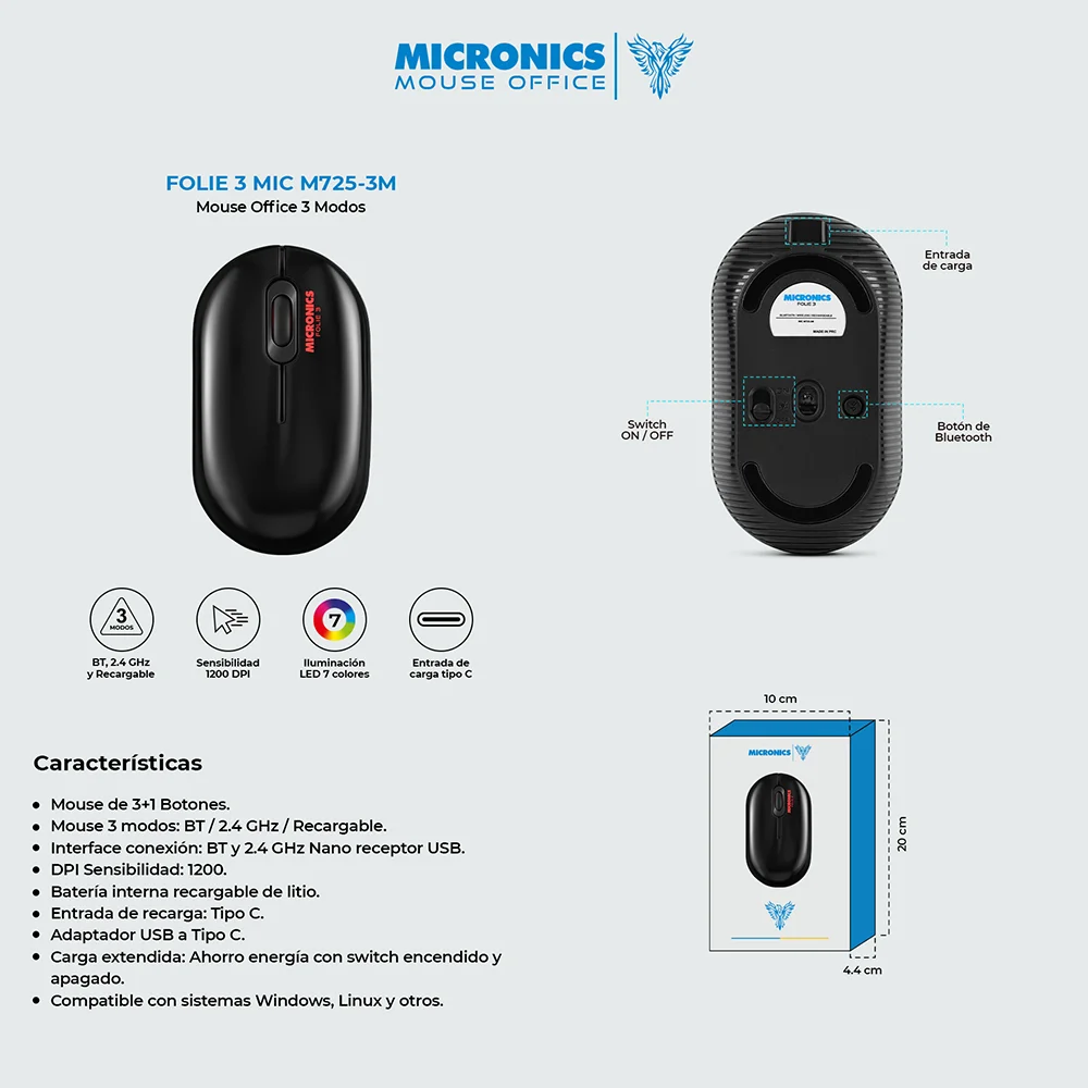 Mouse Inalámbrico Bluetooth Micronics Folie M725: Recargable USB-C