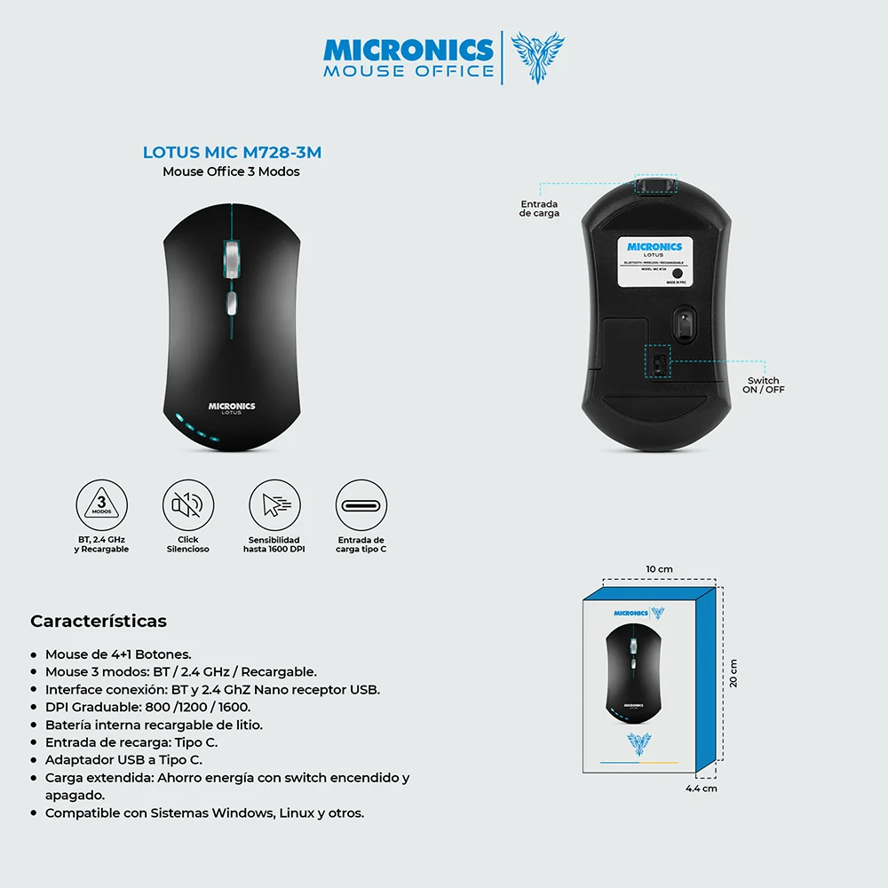 Mouse Inalámbrico Bluetooth Micronics Lotus M728: Recargable USB-C