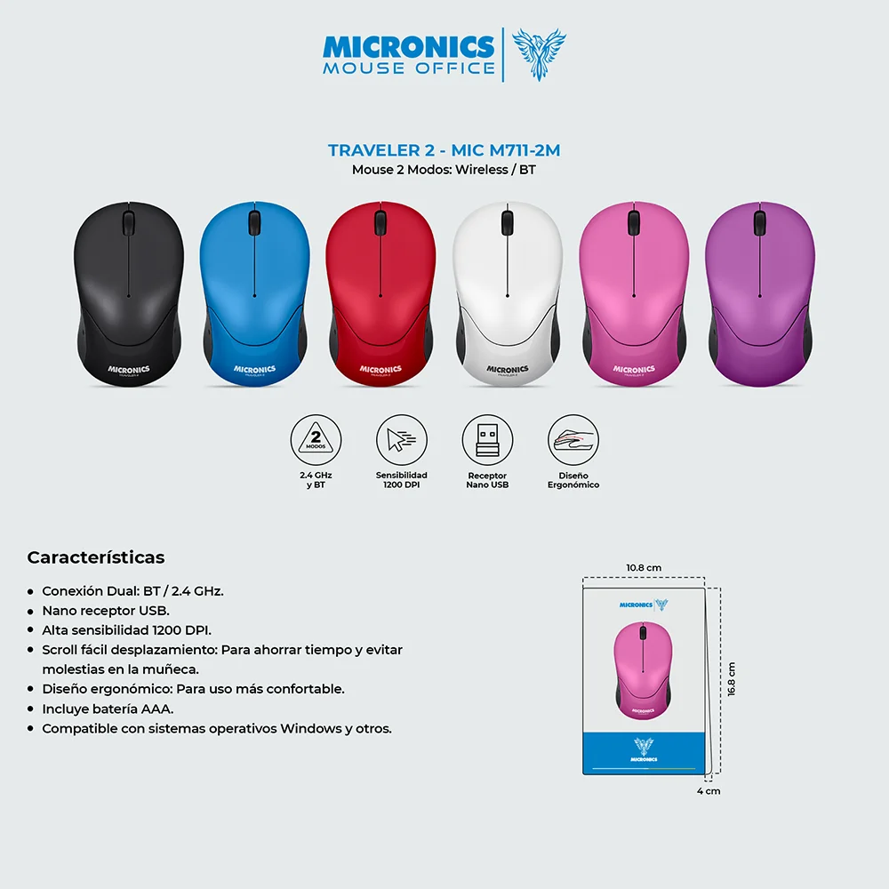Mouse Inalámbrico Bluetooth Micronics Traveler M711 Negro