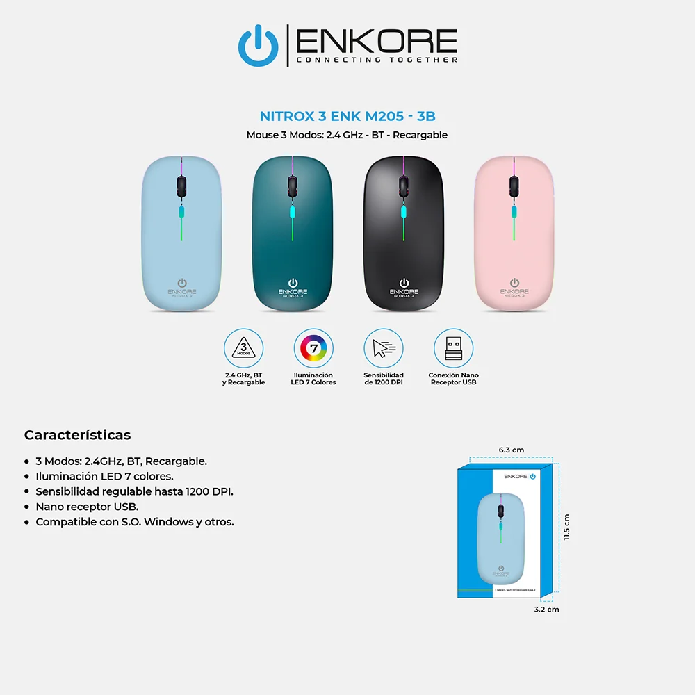 Mouse Inalámbrico Recargable Enkore Nitrox 3 Cyan ENK M205-3B con Conexión Bluetooth/Inalámbrico