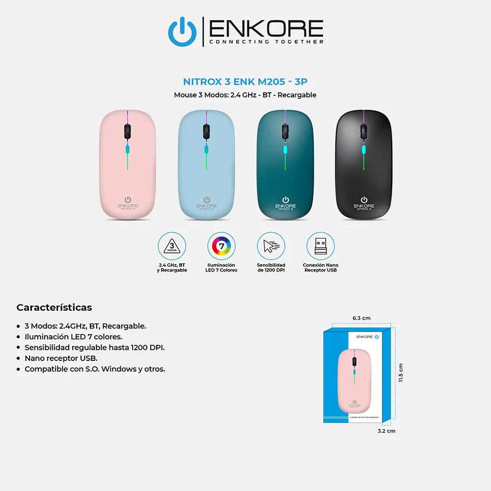 Mouse Inalámbrico Recargable Enkore Nitrox 3 ENK M205-3P con Conexión Bluetooth/Inalámbrico Color Rosado