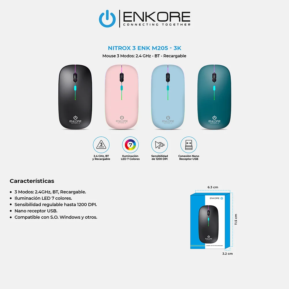 Mouse Inalámbrico Recargable Enkore Nitrox 3 ENK M205-3K con Conexión Bluetooth/Inalámbrico Color Negro