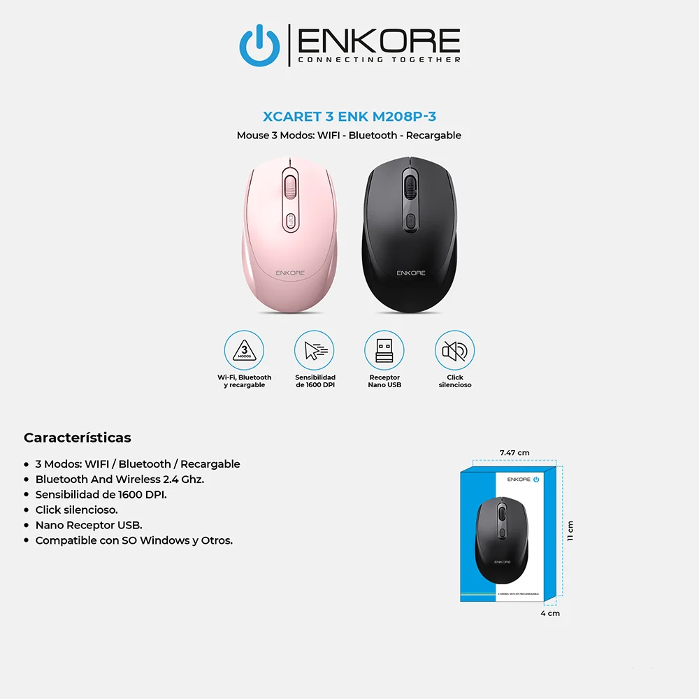 Mouse Inalámbrico Recargable Enkore Xcaret 3 ENKM208-3 con Conexión Bluetooth/Inalámbrico