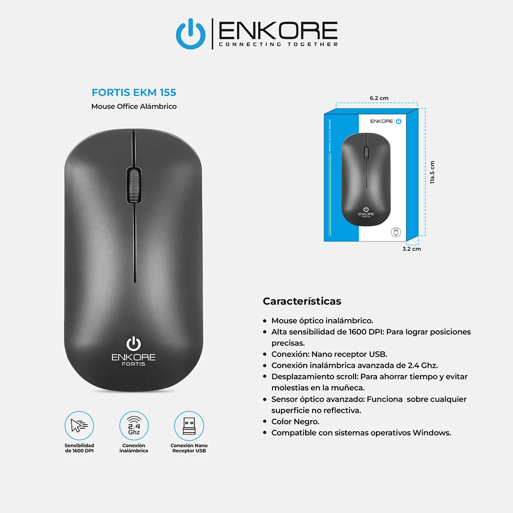Mouse Inalámbrico Enkore Fortis EKM155 con Conexión Inalámbrico