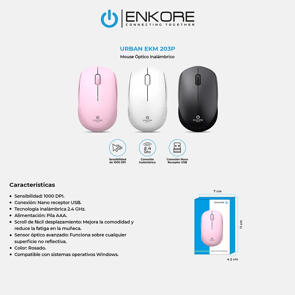 Mouse Inalámbrico Enkore Urban EKM203P con Conexión Inalámbrico Color Rosado