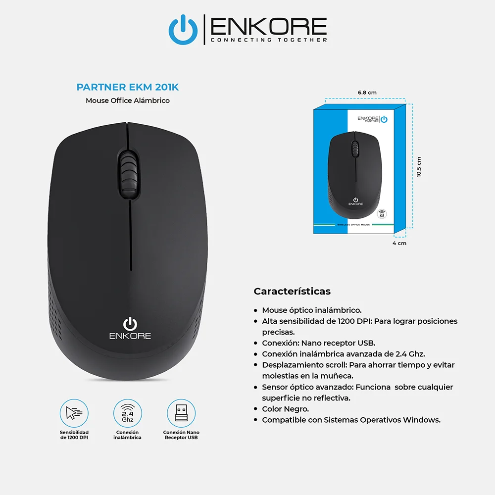 Mouse Inalámbrico Enkore Partner EKM201K con Conexión Inalámbrico