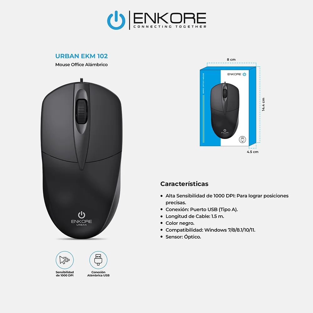 Mouse Óptico USB Enkore Urban EKM102 con Conexión USB