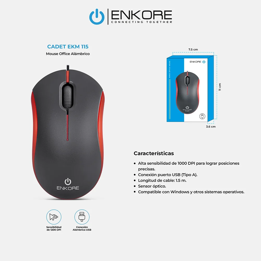 Mouse Óptico USB Enkore Pivot Caja EKM105 con Conexión USB