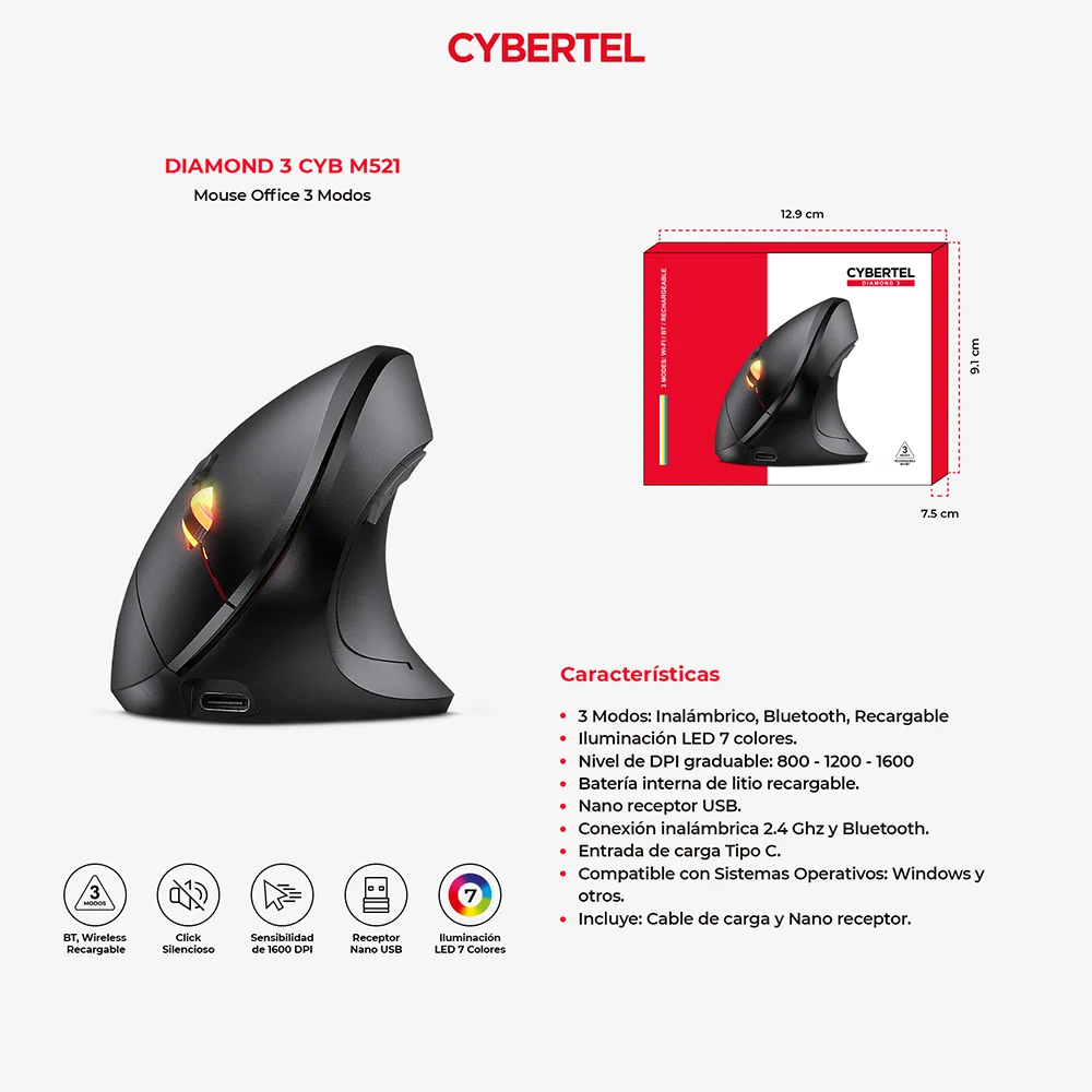 Mouse Vertical Bluetooth Cybertel Diamond M521: Recargable