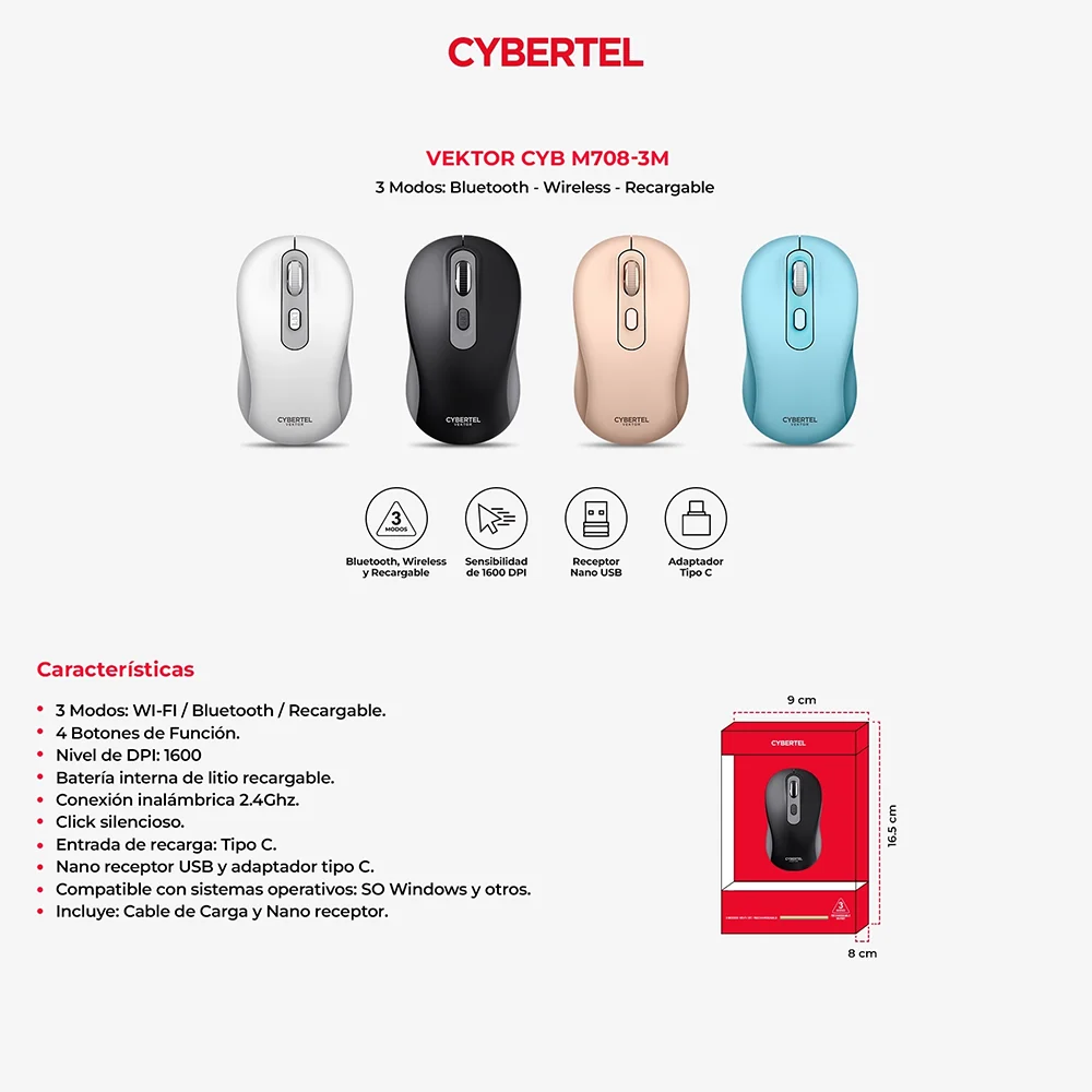 Mouse Inalámbrico Bluetooth Cybertel Vektor M708: Recargable