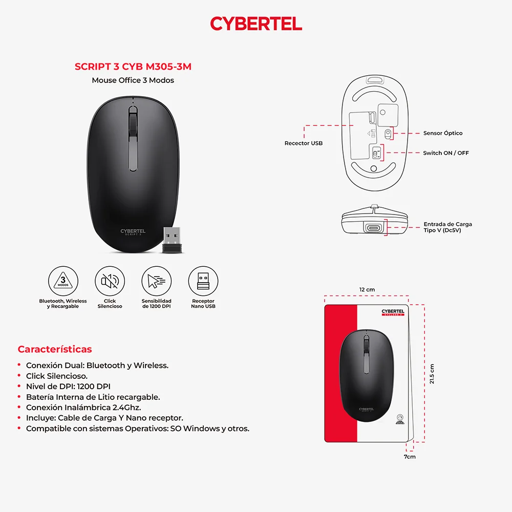 Mouse Inalámbrico Bluetooth Cybertel Script M305 Negro: Recargable