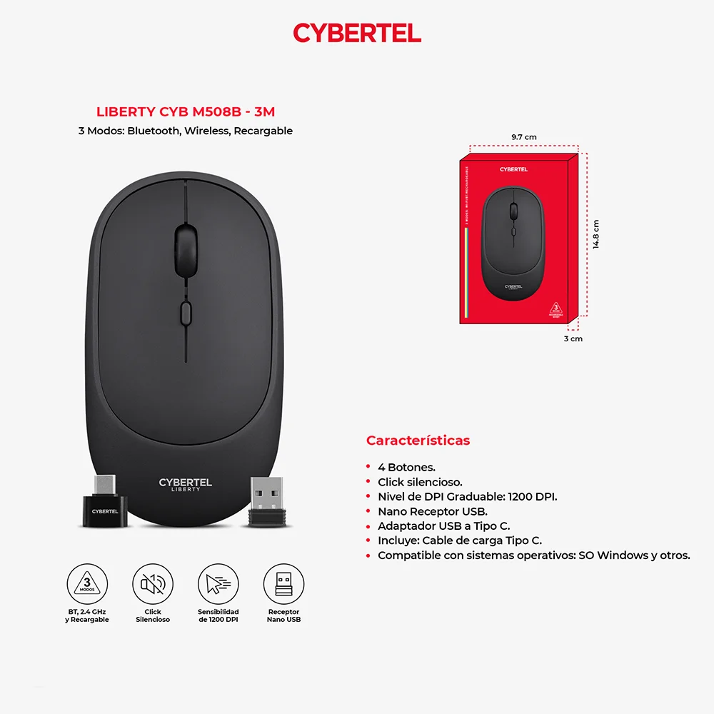 Mouse Inalámbrico Bluetooth Cybertel Liberty M508B Negro: Recargable