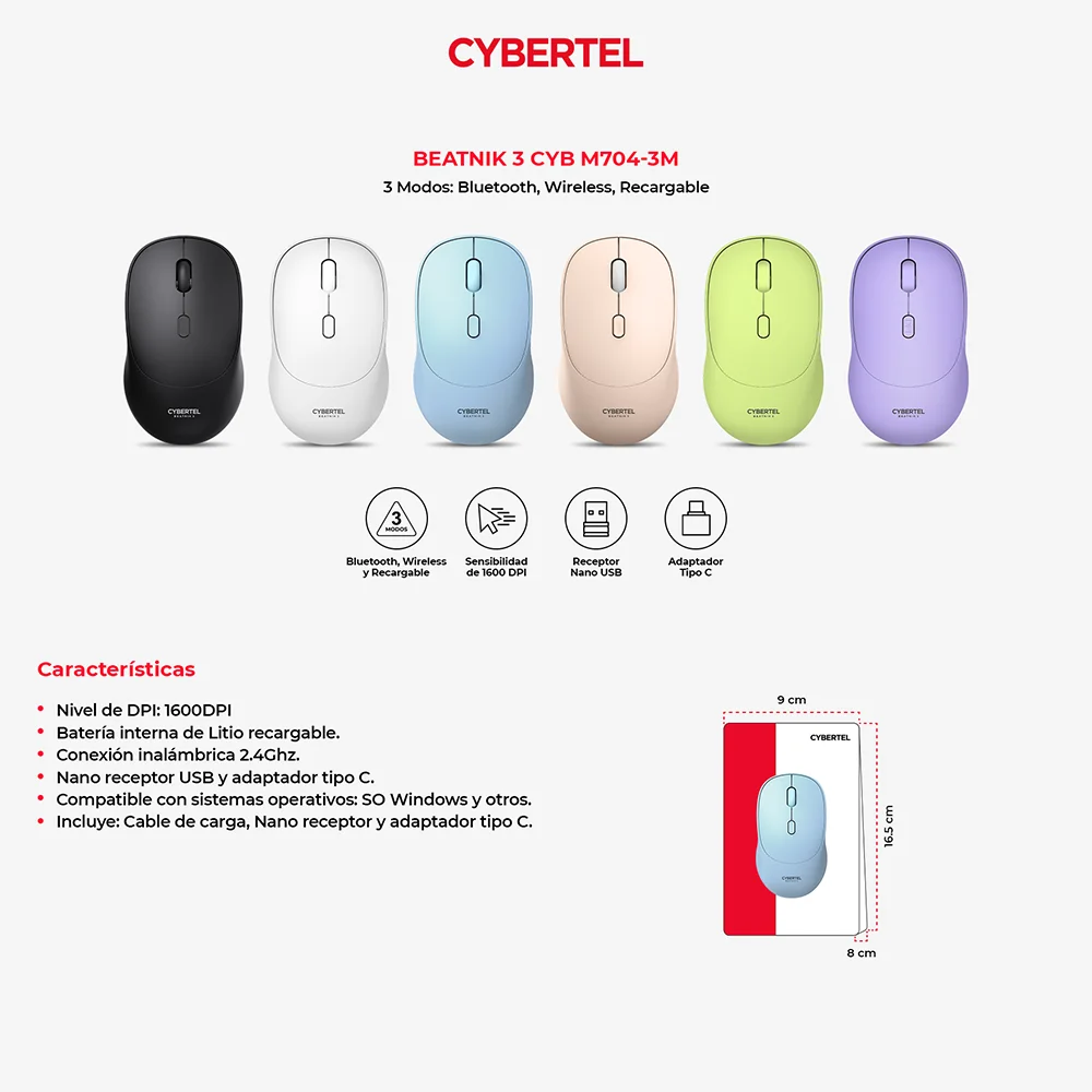 Mouse Inalámbrico Bluetooth Cybertel Beatnik M704 Negro: Recargable