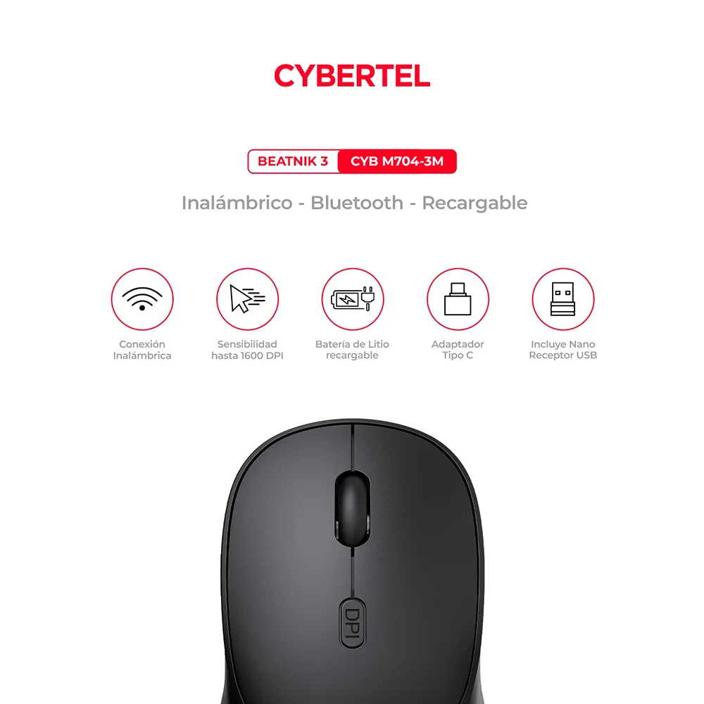Mouse Inalámbrico Bluetooth Cybertel Beatnik M704 Negro: Recargable