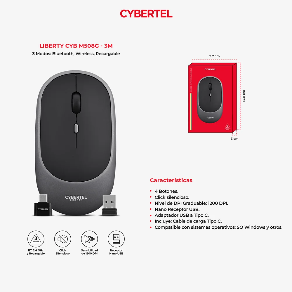 Mouse Inalámbrico Bluetooth Cybertel Liberty M508G Gris: Recargable
