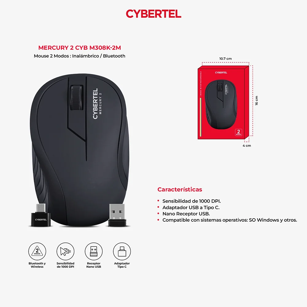 Mouse Inalámbrico Bluetooth Cybertel Mercury M308K Gris Oscuro