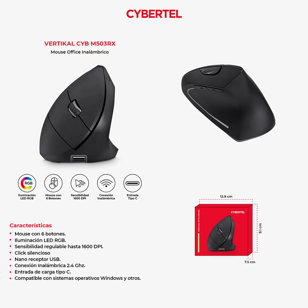 Mouse Vertical Inalámbrico Cybertel Vertikal M503RX Recargable