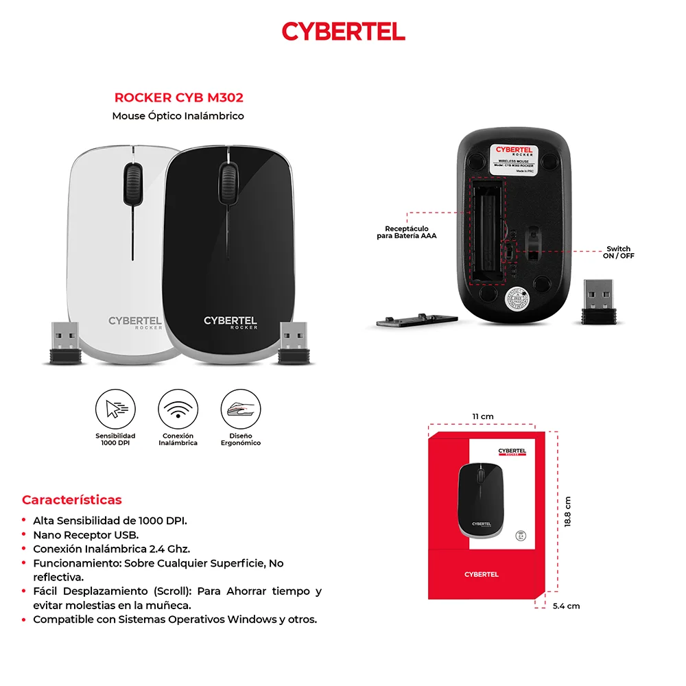 Mouse Inalámbrico Cybertel Rocker M302 Negro/Plateado