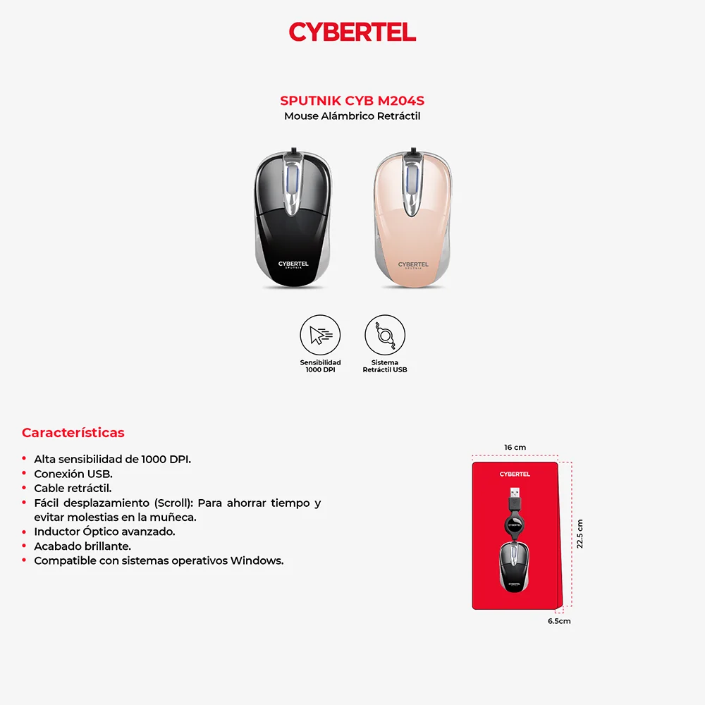 Mouse Óptico USB Cybertel Sputnik M204S Negro: Cable Retráctil