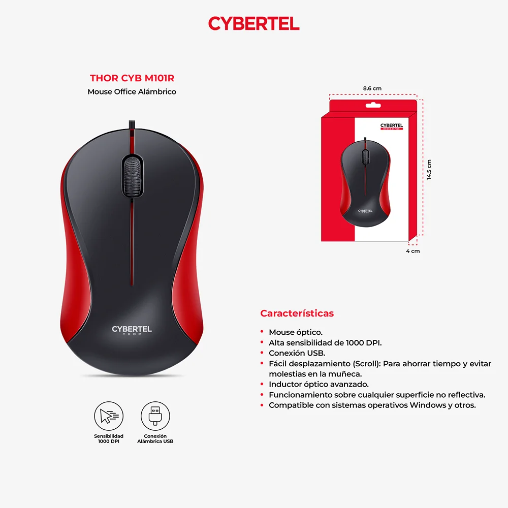 Mouse Óptico USB Cybertel Thor M101R Rojo