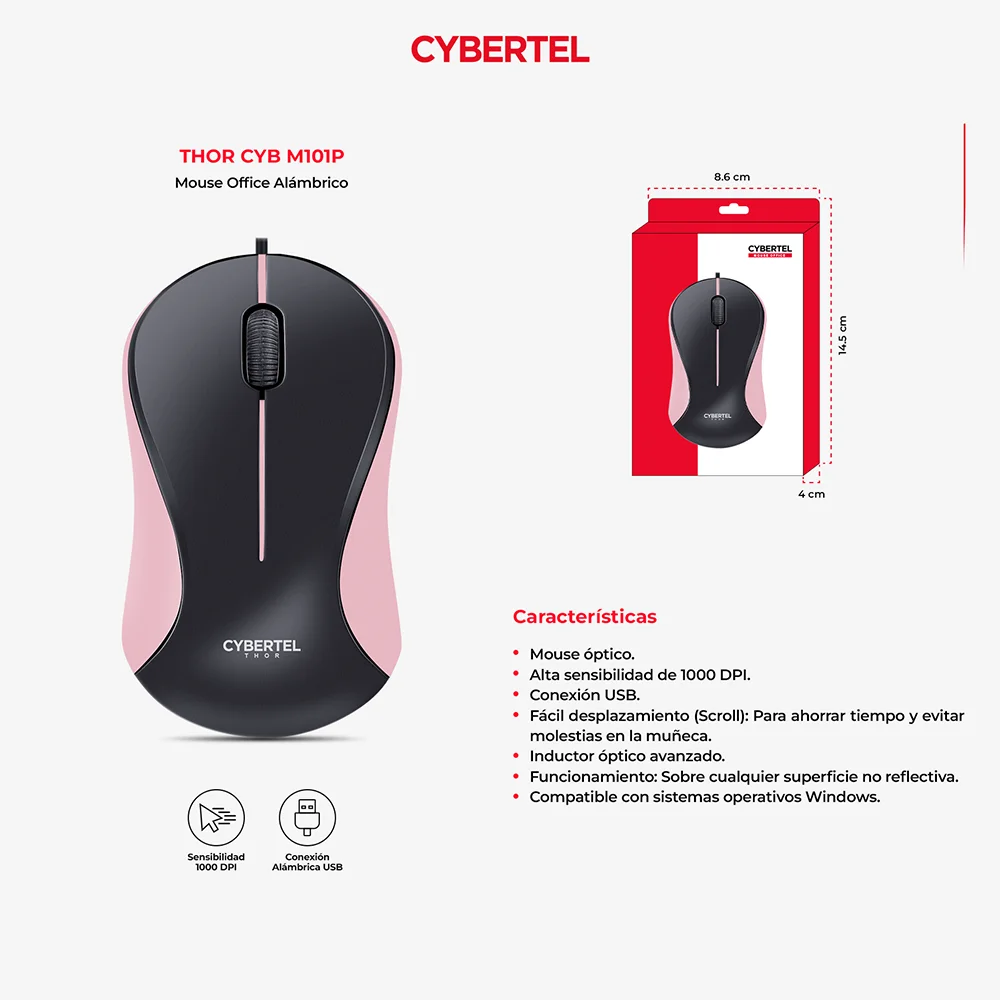 Mouse Óptico USB Cybertel Thor M101P Rosado