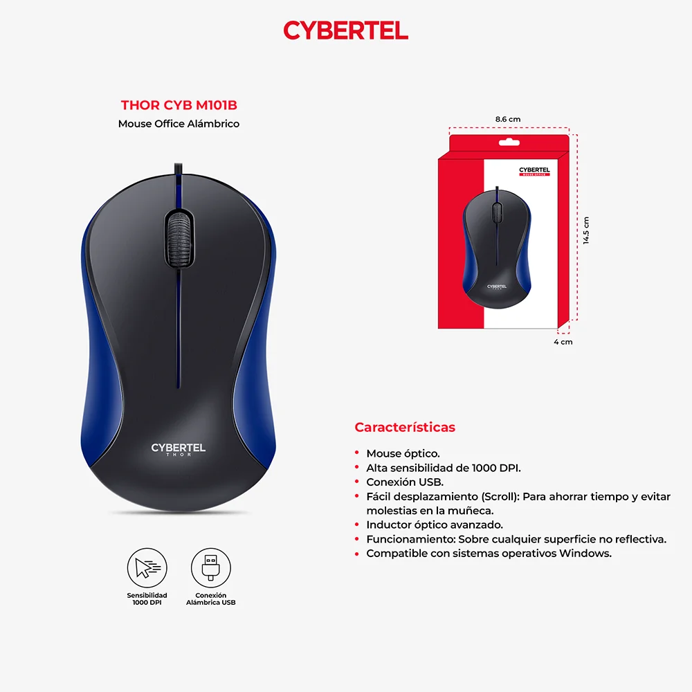 Mouse Óptico USB Cybertel Thor M101B Azul