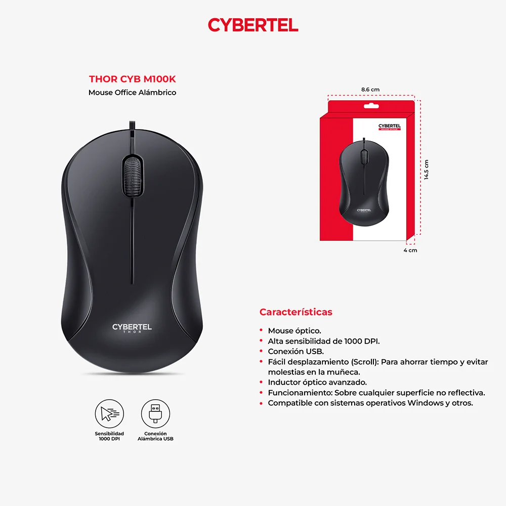 Mouse Óptico USB Cybertel Thor M100K Negro