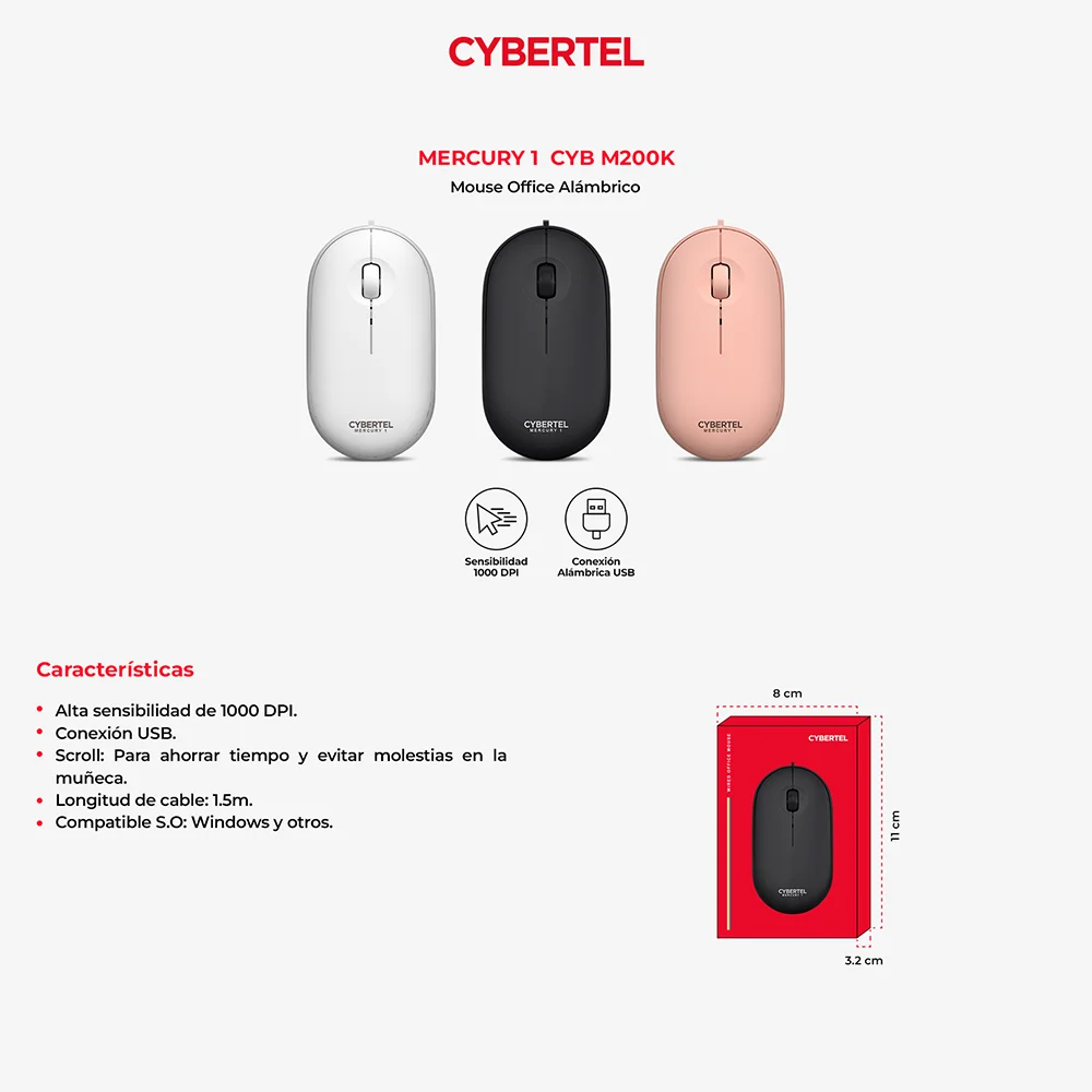 Mouse Óptico USB Cybertel Mercury M200K Negro/Rosado