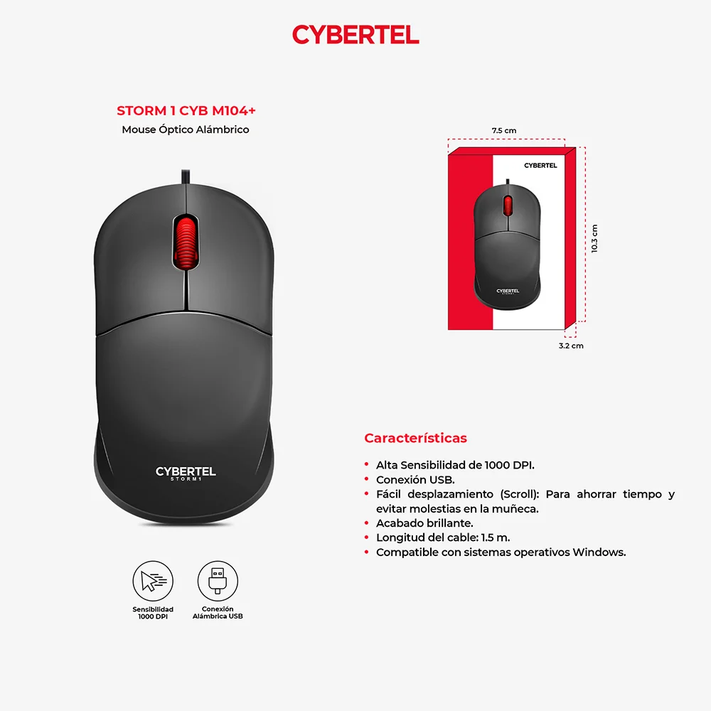 Mouse Óptico USB Cybertel Storm M104 Negro