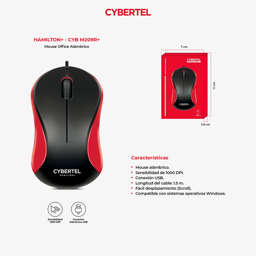 Mouse Óptico USB Cybertel Hamilton M209R Rojo