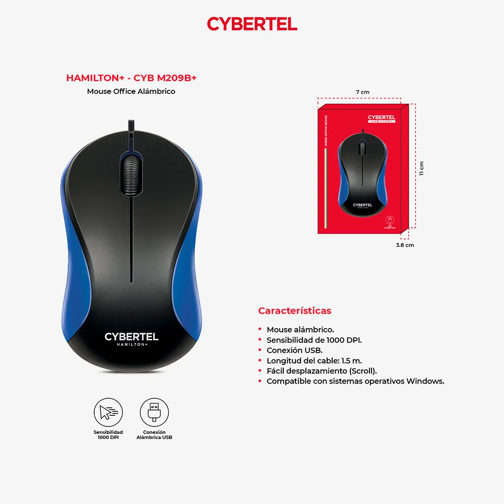 Mouse Óptico USB Cybertel Hamilton M209B Azul