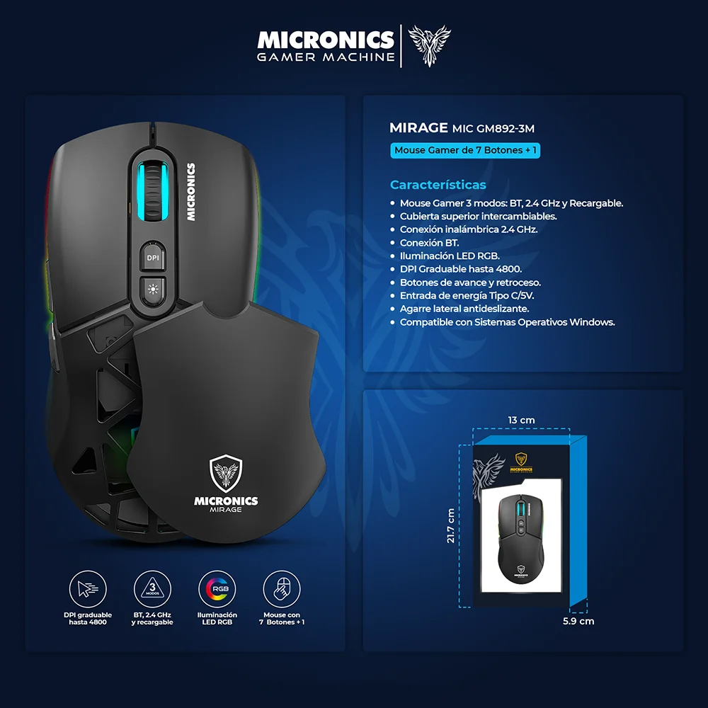 Mouse Gamer Micronics Mirage 3 USB RGB 7B MIC GM892-3m (Bluetooth/Inalámbrico/USB) (4800DPI)
