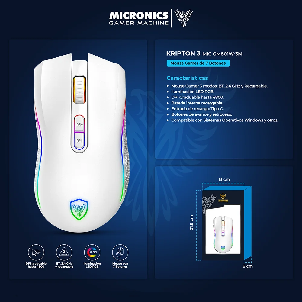 Mouse Gamer Micronics Kripton 3 BT WiFi Recargable MIC GM801W-3M (Bluetooth/Inalámbrico) Color Blanco