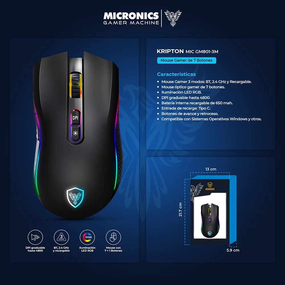 Mouse Gamer Micronics Kripton 3 BT WiFi Recargable MIC GM801-3m (Bluetooth/Inalámbrico) Color Negro