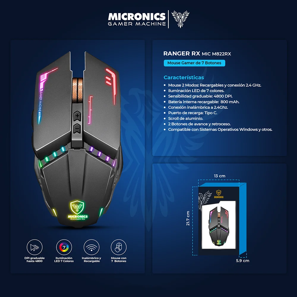 Mouse Gamer Micronics Ranger RX USB-C WiFi Recargable MIC M822RX (Inalámbrico/USB)