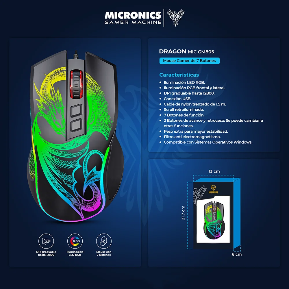 Mouse Gamer Micronics Dragon USB RGB 7B MIC GM805 (USB) (12800DPI)