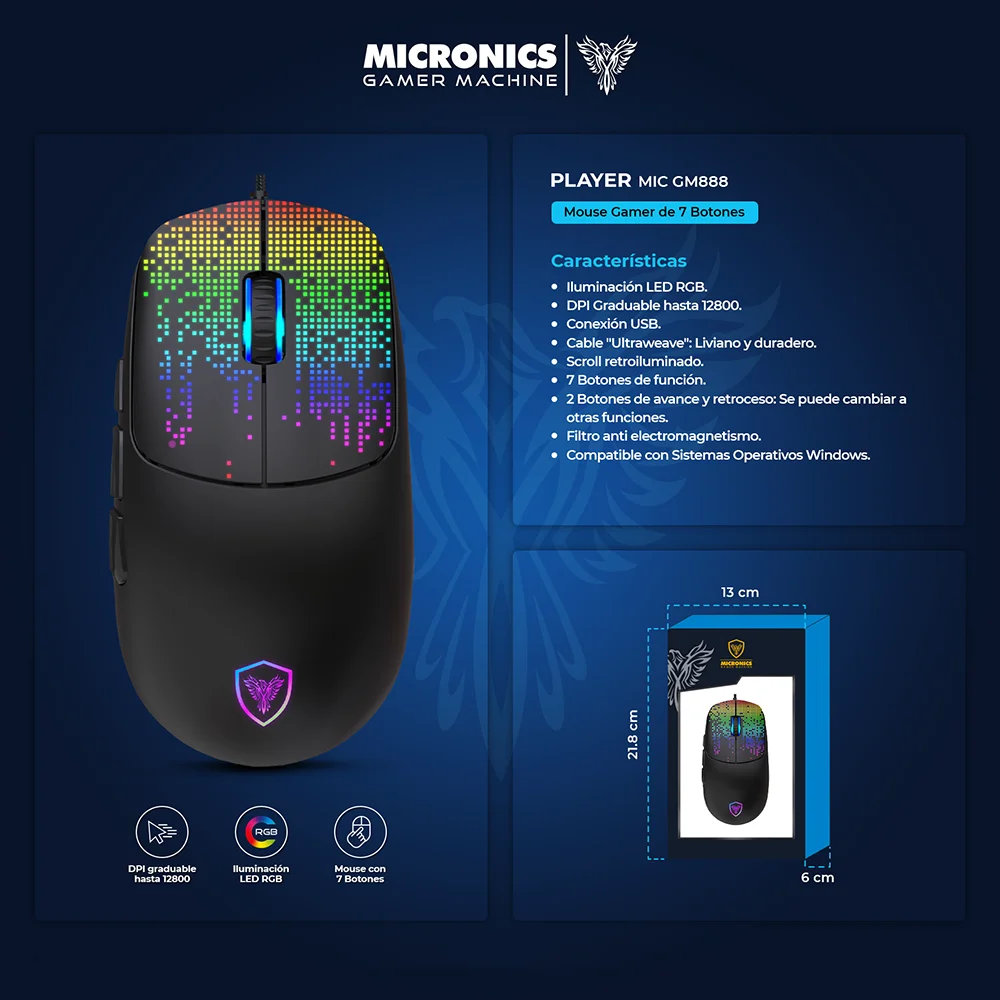 Mouse Gamer Micronics Player USB RGB 7B MIC GM888 (USB) (12800DPI)
