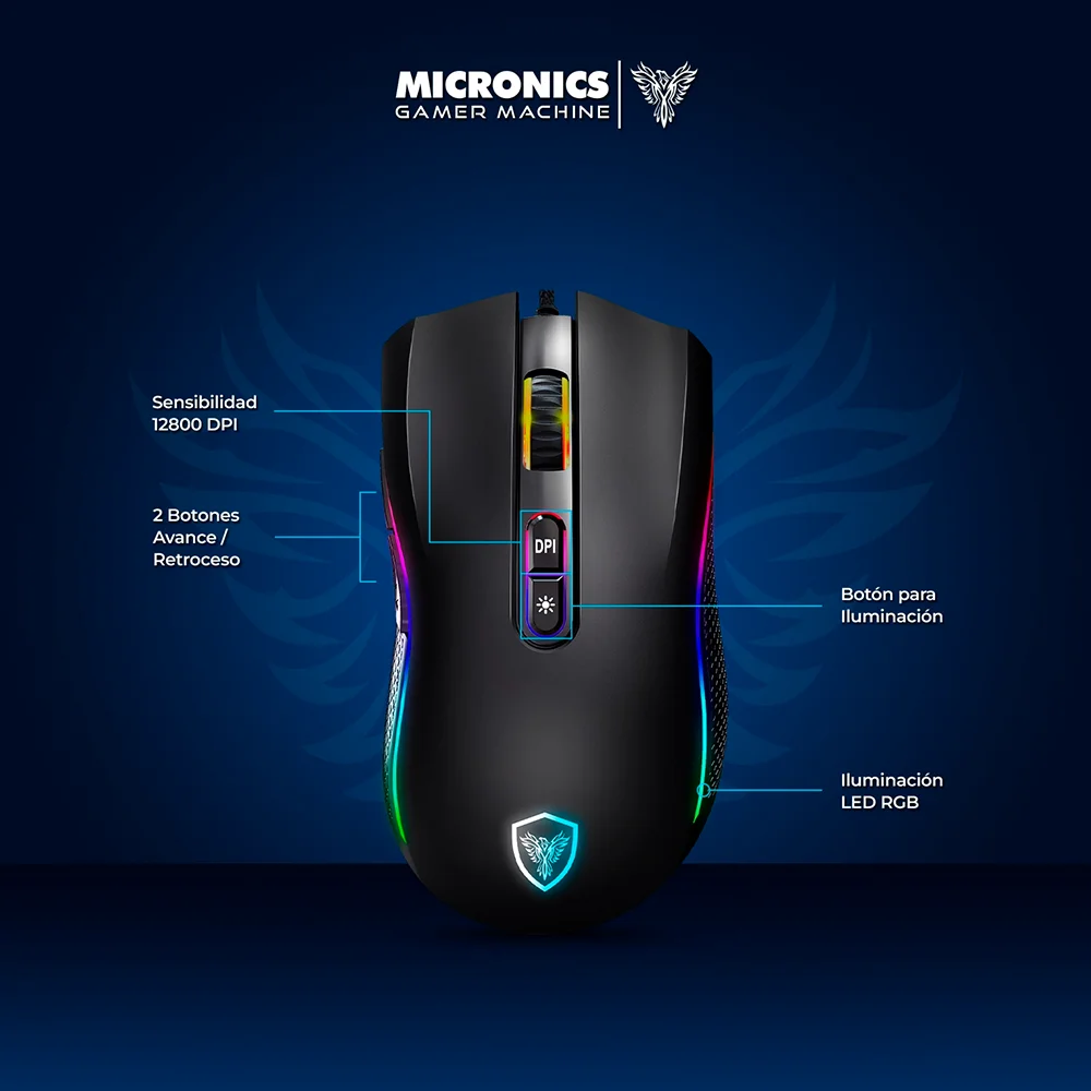 Mouse Gamer Micronics Kripton USB RGB 12800 7B MIC GM800 (USB)