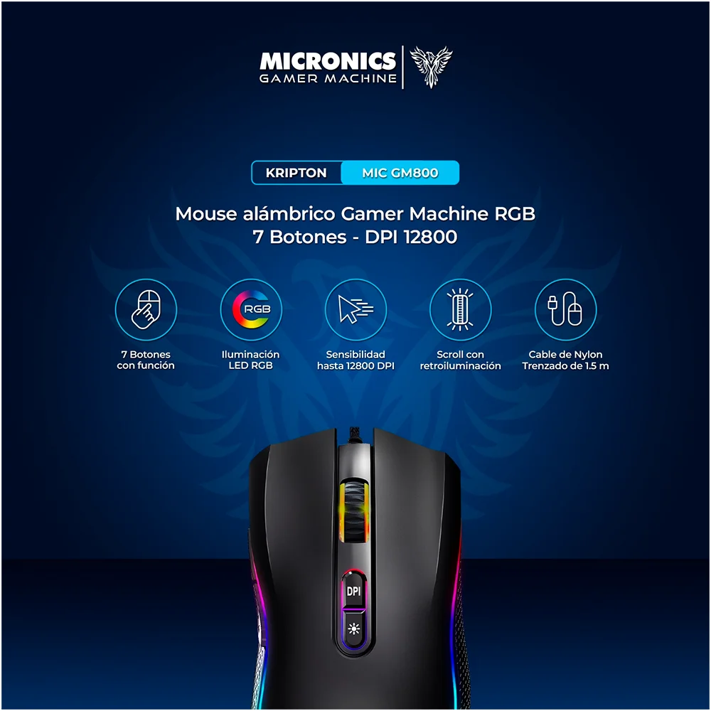 Mouse Gamer Micronics Kripton USB RGB 12800 7B MIC GM800 (USB)
