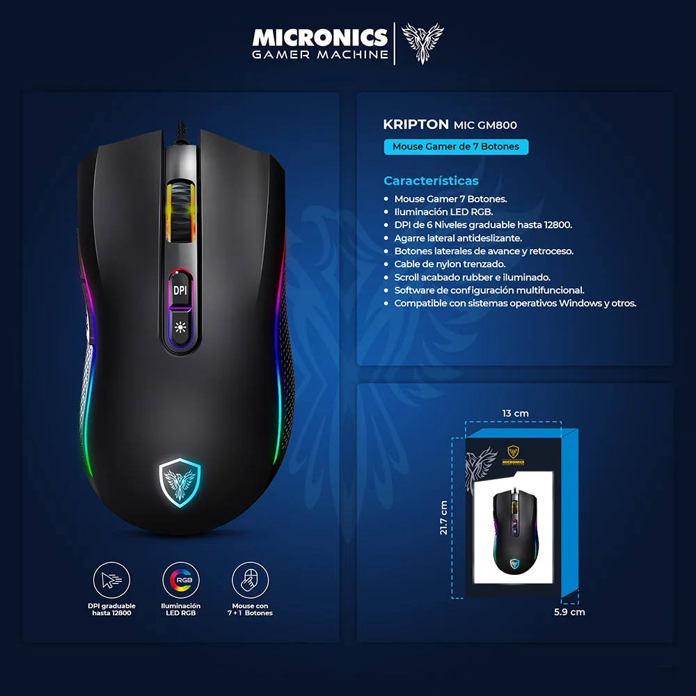 Mouse Gamer Micronics Kripton USB RGB 12800 7B MIC GM800 (USB)