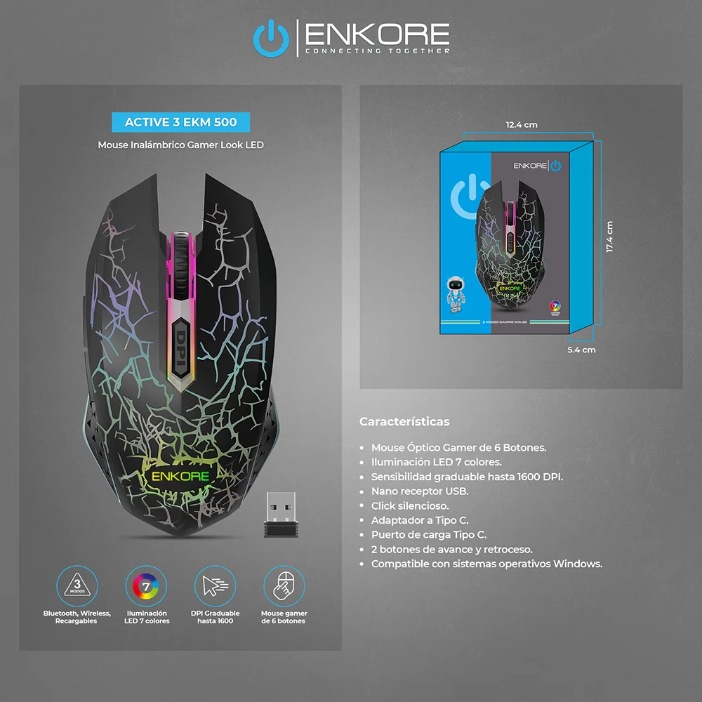 Mouse Gamer Enkore Active BT WiFi Recargable RBW EKM500 3M (Bluetooth/Inalámbrico)
