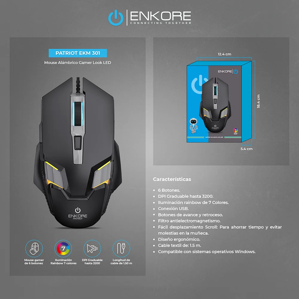 Mouse Gamer Enkore Patriot USB 7LEDs 7B EKM301 (USB) (3200DPI)