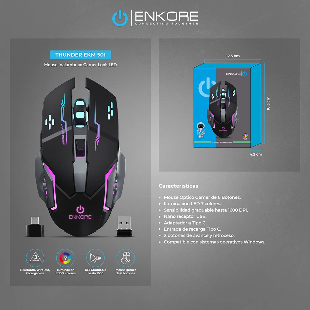 Mouse Gamer Enkore Thunder BT WiFi Recargable RBW EKM501 3M (Bluetooth/Inalámbrico)