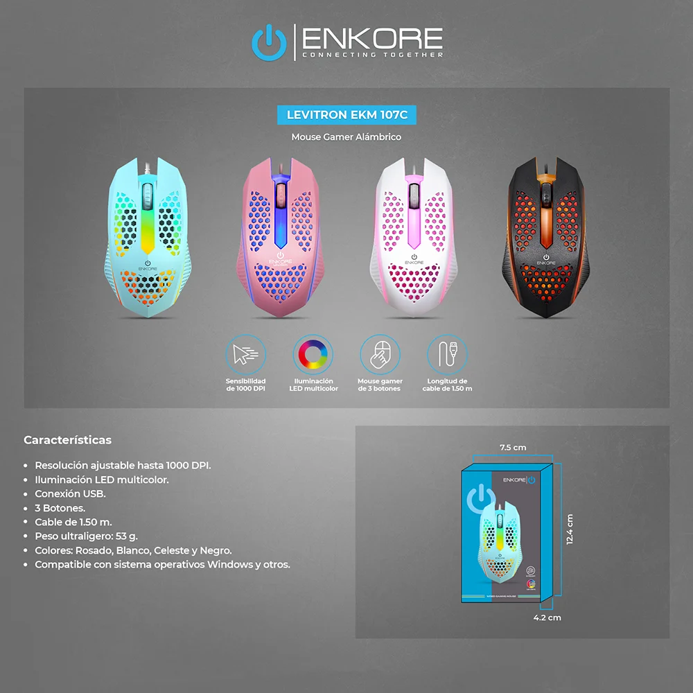 Mouse Gamer Enkore Levitron USB (Negro, Rosado, Celeste) EKM107 (USB) Color Negro